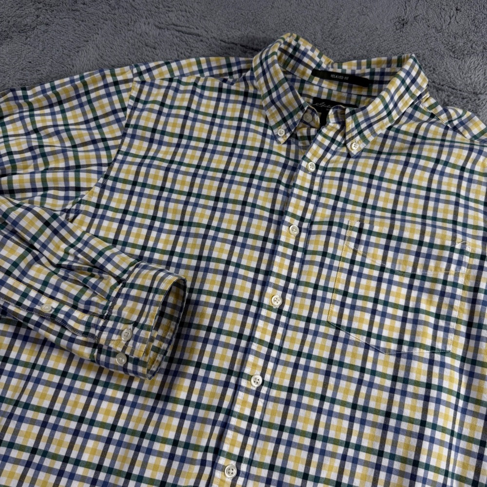 Eddie Bauer Mens XL Tall Relaxed Fit Plaid Button Down Shirt Blue Yellow Green
